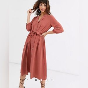 ASOS DESIGN button through midi dress with ruched tie waist detail in dusty rose